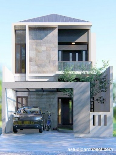 Desain Rumah 6x12 Aksen batu alam dengan 3 kamar [kode 208]