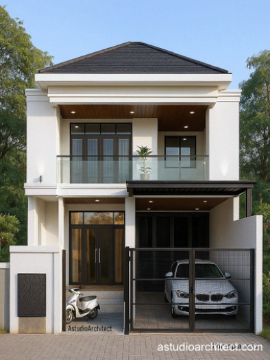 DESAIN RUMAH KODE 307B – lahan 8x15m RUMAH 2 LANTAI + ROOFTOP UNTUK KELUARGA DENGAN HOBI MOTOR